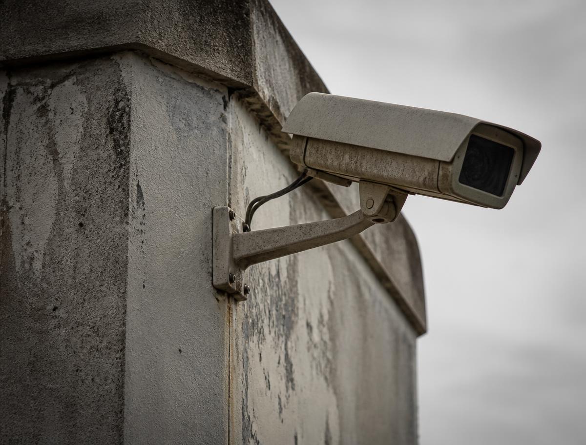 Weatherproof surveillance camera mounted on the corner of an industrial building