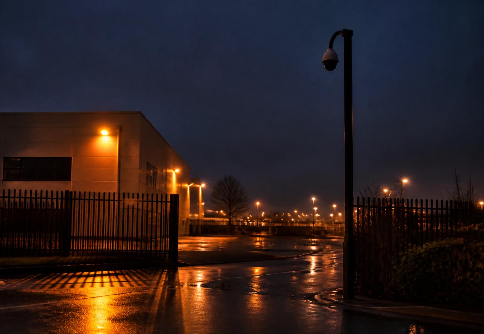 Secured commercial site perimeter at night with fencing and a surveillance camera on a pole